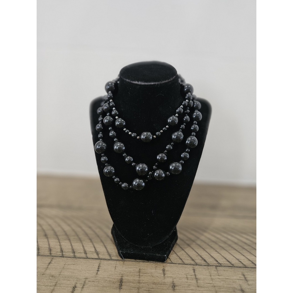 Black Beaded Multi Strand Layered Statement Necklace Kitsch Mod Capsule Basic